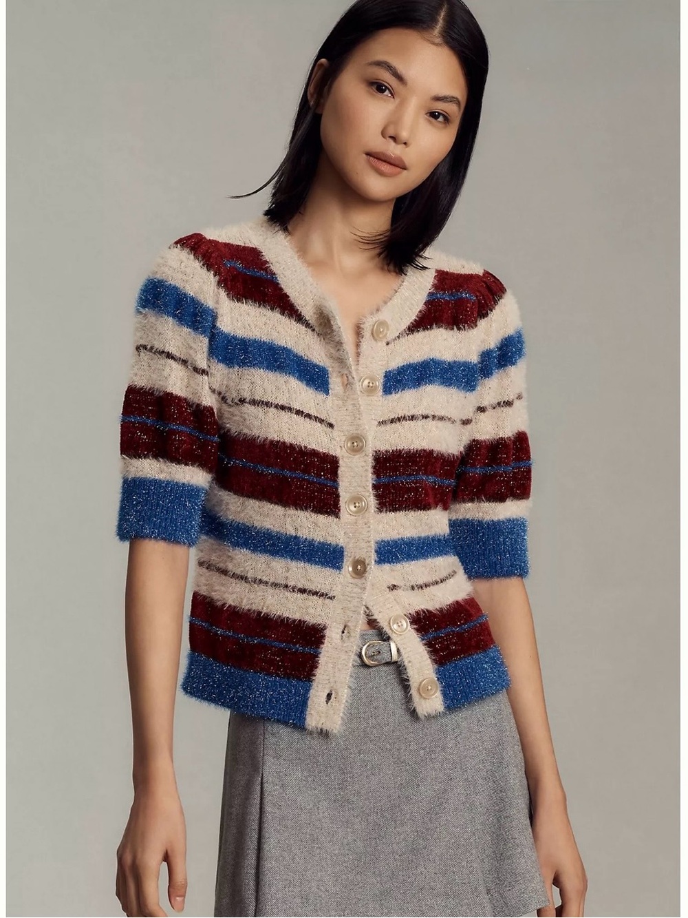 Maeve Fuzzy Striped Short-Sleeve Cardigan - Cream, Blue & Burgundy